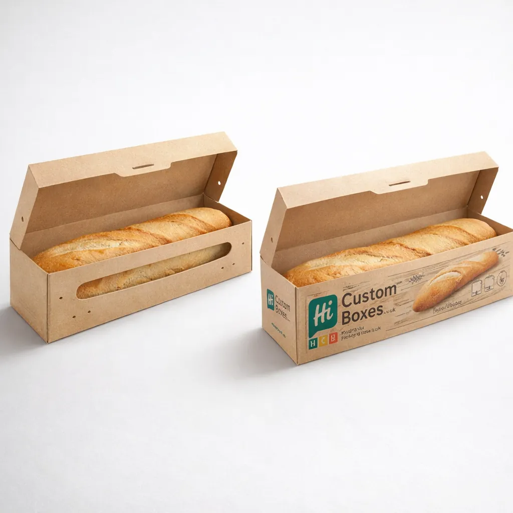 Eco-friendly hinged kraft paper boxes designed for single baguettes with side ventilation holes and logos. class=